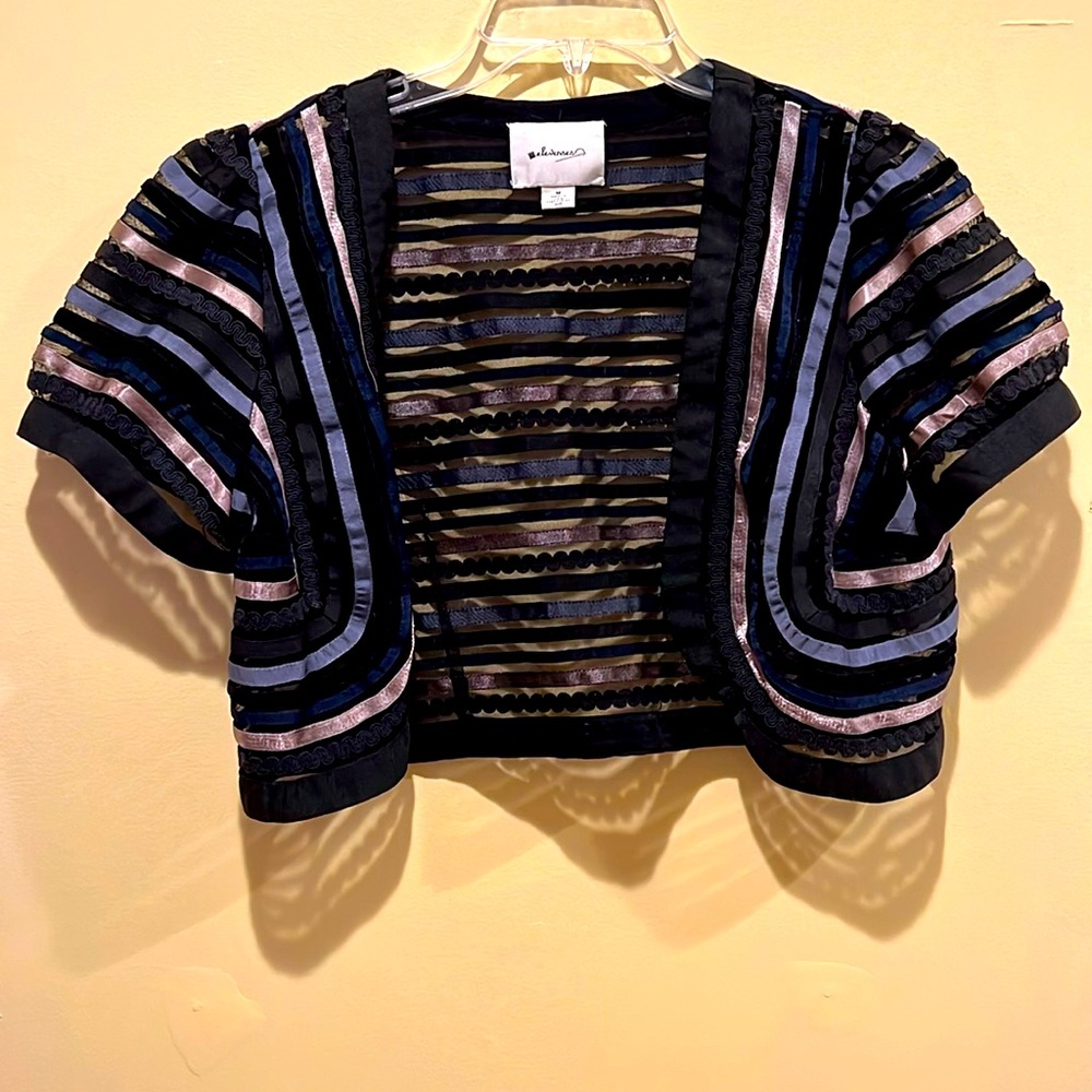 Elevenses by Anthropologie Black & Blue Gold Rush Striped Ribbon Bolero Shrug